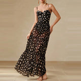 Daiiibabyyy  Fashion Dot Print Bikini Outfits Elegant Hight Waist Slim Long Skirt Suit Sexy Off Shoulder Sleeveless Bodysuit & Skirt Set