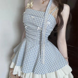Daiiibabyyy  Women Sweet Blue Plaid Dress Sexy Backless Spaghetti Strap Slip Dress Summer Preppy Style Pleated Layered Mini Party Vestidos