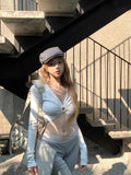 DAIIIBABYYY  -  American Hot Girl Hollow V-neck T-shirt for Women's Spring Long-sleeved Grey Slim Fit Sexy Short Top Fashion Female Clothes