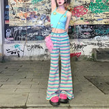 DAIIIBABYYY  -  Japanese Lolita Summer New Spliced Elasticized High-waisted Pocket Stripes Fashion Slim Comfortable All-match Casual Pants