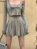 Daiiibabyyy  Two Piece Sets Women Clothing Sun Protection Crop Korean Cardigan + Fashion A-Line Mini Slip Dress Autumn Y2k Solid Color Suit