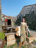 Daiiibabyyy  French Vintage Green Floral V-neck Small Flying Sleeves Long Dress for Women Summer Waist Slimming Sweet Sleeveless Beach Dress