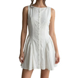 Daiiibabyyy  Summer Woman Dress Sleeveless Backless Dresses Women's Ruched Waist White Mini Dress Tie Back Pleated Skirt A Line Dress