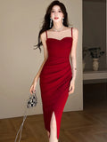 DAIIIBABYYY  -  Summer Red Pleated Bodycon Hip Wrarp Sexy Sling Dress Women Korean Vintage Festival Dress 2025 New Elegant Luxury Evening Dress