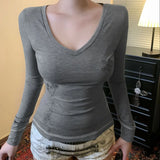 Daiiibabyyy  American Style Vintage Plant Print Basic Long Sleeved T-shirt Women V-neck Slim Fit Base Y2K Spicy Girl Top