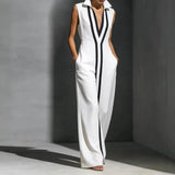 Daiiibabyyy  Summer New High Waist Commute Maxi Dress Fashion Color Blocked Lapel Sleeveless Robe Elegant Lady Hollow Out Pleated Linen Dress