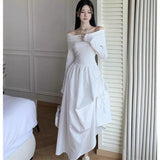 Daiiibabyyy  New Lady Sexy One Shoulder Vacation Dress Spring Women Solid Color Ruched Dress Female Chic Korean White Slim Fit Dress