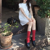 Daiiibabyyy  Fashion Peter Pan Collar Sweet A-Line Dresses Summer Solid Color Women's Clothing French Style Puff Sleeve Aura Folds Mini Dress
