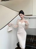DAIIIBABYYY  -  French Fashion Women Square Collar Bodycon Evening Party Dress Hepburn Elegant Retro Apricot Long Puff Sleeve Pencil Split Dress