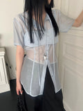 DAIIIBABYYY  -  Sun Protection 2 Piece Sets Women See Through Harajuku Single Breasted Shirt + Streetwear Crop Vest Y2k Aesthetic Outfits Suit