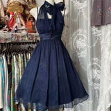 Daiiibabyyy  French Elegant Vintage Hepburn Chiffon Vintage Blue Dress Women Sweet Retro Party Gown Fashion Halter Short Cocktail Dress