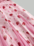 Daiiibabyyy  Pink Strawberry Floral Sheer Mermaid Dress With Lace Trim And Thin Straps For Spring Summer