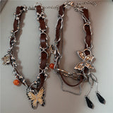 DAIIIBABYYY  -  Sweet Cool Butterfly Star Tassel Leather Brown Choker Clavicle Chain Necklace Female Punk Spicy Girl Grunge Accessories Jewelry