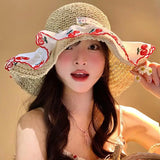 Daiiibabyyy  Women's Cute Sun Hat  Little Cherry Lace Trimmed Straw Hat Girl Summer Beach Vacation Sun Hat Sunshade Kawaii Sun Protection Hat