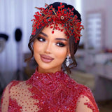Daiiibabyyy  Bride Headband Red Rhinestone Chain Wedding Headpieces Women Hair Pieces Handmade Headwear Trendy Party Hair Accessories