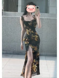 Daiiibabyyy  Summer Floral Print Wrap Dress Women's High Waist Bandage Skirt Elegant French Style Tea Break Vest Top Gown for Ladies