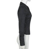 DAIIIBABYYY  -  Harajuku Striped Crop Top Women Casual Black Button Up Full Sleeve Turn-down Neck Blouse y2k Aesthetic Autumn Tee Shirts