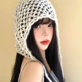 DAIIIBABYYY  -  Japanese Simple Solid Color Hand-woven Hollow Fringed Hat Women Spring and Summer Thin Knitted Breathable Versatile Pullover Cap