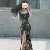 Daiiibabyyy  Summer Floral Print Wrap Dress Women's High Waist Bandage Skirt Elegant French Style Tea Break Vest Top Gown for Ladies