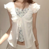Daiiibabyyy  White Slim Korean Artistic Cute Milk Top Women Summer Contrasting Color Splicing Fake 2 Piece Floral Short Sleeve Shirt