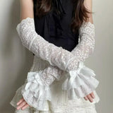 Daiiibabyyy  Women's Summer Lolita Jk Lace Fingerless Gloves Black Gothic Sleeves Trendy Elastic Long Lace Arm Sleeves Clothes Decoration
