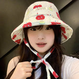 DAIIIBABYYY  -  Y2K Cute Apple Print Bucket Hats for Women Spring and Summer New Korean Outdoor Leisure Sunscreen Versatile Strap Sun Hat