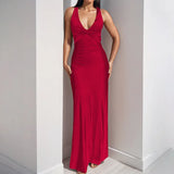Daiiibabyyy  Sexy Elegant Party Long Dress Summer Solid Color V-Neck Halter Neck Backless Sleeveless Beach Maxi Fashion Dresses