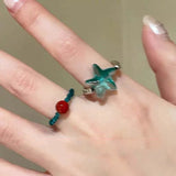DAIIIBABYYY  -  New Sweet Blue Dream Jelly Shell Resin Star Rings Metal for Women Girls Starfish Beaded Finger Rings Ocean Jewelry Accessories