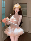 Daiiibabyyy  Sweet Elegant Slim Thin Sling Dress Fashion Warm Design Off Shoulder Bow Dresses Women Pretty Fairy Pink Cake Short Dresses