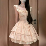 DAIIIBABYYY  -  Hot Girl Lace Flying Sleeve Floral Dress for Women's Summer Slim Fit Square Collar A-line Short Dress Fashion Female Clothes