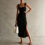 Daiiibabyyy  Elegant Side Slit Hight Waist Slim Summer Dress  Women Casual Draped Party Dresses Fashion Square Neck Hollow Out Long Dress