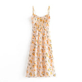 Daiiibabyyy  Vintage French Summer Orange Lemon Print Bandage Spaghetti Strap Midi Dress Women Hem Slit Bow Lacing Up Sling Dresses Vestido