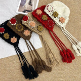 Daiiibabyyy  Cute Tassels Crochet Knitted Hat Hollow Out Handmade Knit Cap Korean Bohemian Style Weave Cap Travel