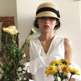 Daiiibabyyy  Bow shaped dome grass woven duckbill hat for women, summer outdoor face enhancing small grass hat, sun protection and shading