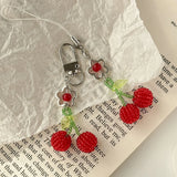 Daiiibabyyy  Handmade Red Bead Keychain Colorful Cute Exquisite Fruit Flower Bag Mobile Phone Pendant Fashion Purse Headphone Bag Accessories