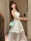 DAIIIBABYYY  -  White French Chiffon Splicing Lace Strap Dress For Women New Style Fashion Slim Fit Waistline Sling A-line Dresses Summer Autumn