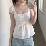 Daiiibabyyy  French Style Sweet Square Collar Short Blouse Female Clothing Solid Color Summer Puff Sleeve Lace Stylish Hollow Out Slim Shirts
