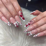 Daiiibabyyy  24Pcs Long French Almond Nails Set Press on Red Cherry Bow Design Full Cover Fake Nails Tips Pearl Reusable Finished False Nails