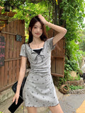 Daiiibabyyy  Korean Floral Sweet Dress Women Lace Patchwork Slim Mini Dress Casual Fashion Preppy Style Short Sleeve Female Cute Dress