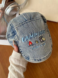 Daiiibabyyy  Cute Puppy Embroidery Washed Denim Forward Hat Men and Women Retro Big Head Short Brim Sunshade Flat Top Painter Cap Gorras