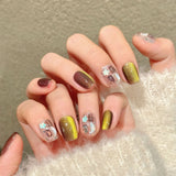 Daiiibabyyy  10pcs Handmade Short Cat Eye Fake Nails Gradient Brown Gold Luxury False Nails with Diamond Design Wearing Press on Nails