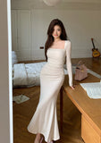Daiiibabyyy  French Vintage Women Beige Elegant Square Neck Fishtail Evening Party Dresses Autumn Long Sleeve Vacation Pleated Wrap Hip Dress