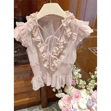 Daiiibabyyy  Kawaii Pink Shirts Women Cutecore Cropped Ruffles Chiffon Blouses Summer Ladies Fashion Korean Lace Up Flying Sleeve Tops