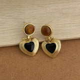 Daiiibabyyy  French Natural Stone Tiger Eyes Metal Heart Hanging Dangle Earrings for Women Gold Plated Alloy Statement Party Jewelry