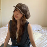 Daiiibabyyy  Korean Version Simple Solid Color Autumn Soft Brim Large Version Cloud Berets Street Versatile Literary Newsboy Cap for Women's