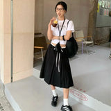 Daiiibabyyy  Preppy Style Pleated Skirt Women Vintage Korean Style Black Mid Length Skirt Harajuku Fashion Patchwork Classic Skirts