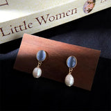 Daiiibabyyy  Sweet Oval Blue Glass Stone Drop Earrings for Women Girl Niche Elegant Imitation Pearl Dangle Earrings Daily Jewelry Accessories