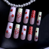 Daiiibabyyy  24pcs Long Coffin Sweet Girl Fake Nail Strawberry Wave Point Flower Printed Press On Nail Dopamine Plaid French Style False Nail