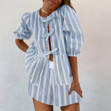 Daiiibabyyy  Elegant Crew-Neck Short Sleeve Blouse&Shorts Suit 2025 Women All Match Vacation Set Summer Striped Patchwork 2Pcs Loose Outfits