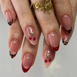 Daiiibabyyy  24Pcs Short Almond Nails Set Press on Leopard Print French Full Cover Fake Nails Tips with Cherry Pattern Detachable False Nails